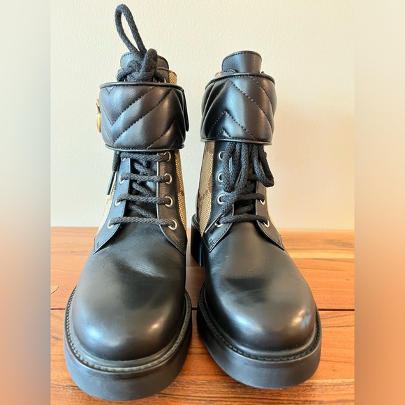 Gucci Logo EU 36 Print Canvas & Leather Combat Boots Booties - Picture 4 of 16